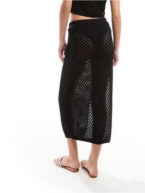 My Boo black fishnet crochet midi skirt swim cover, knit underwear attached, M